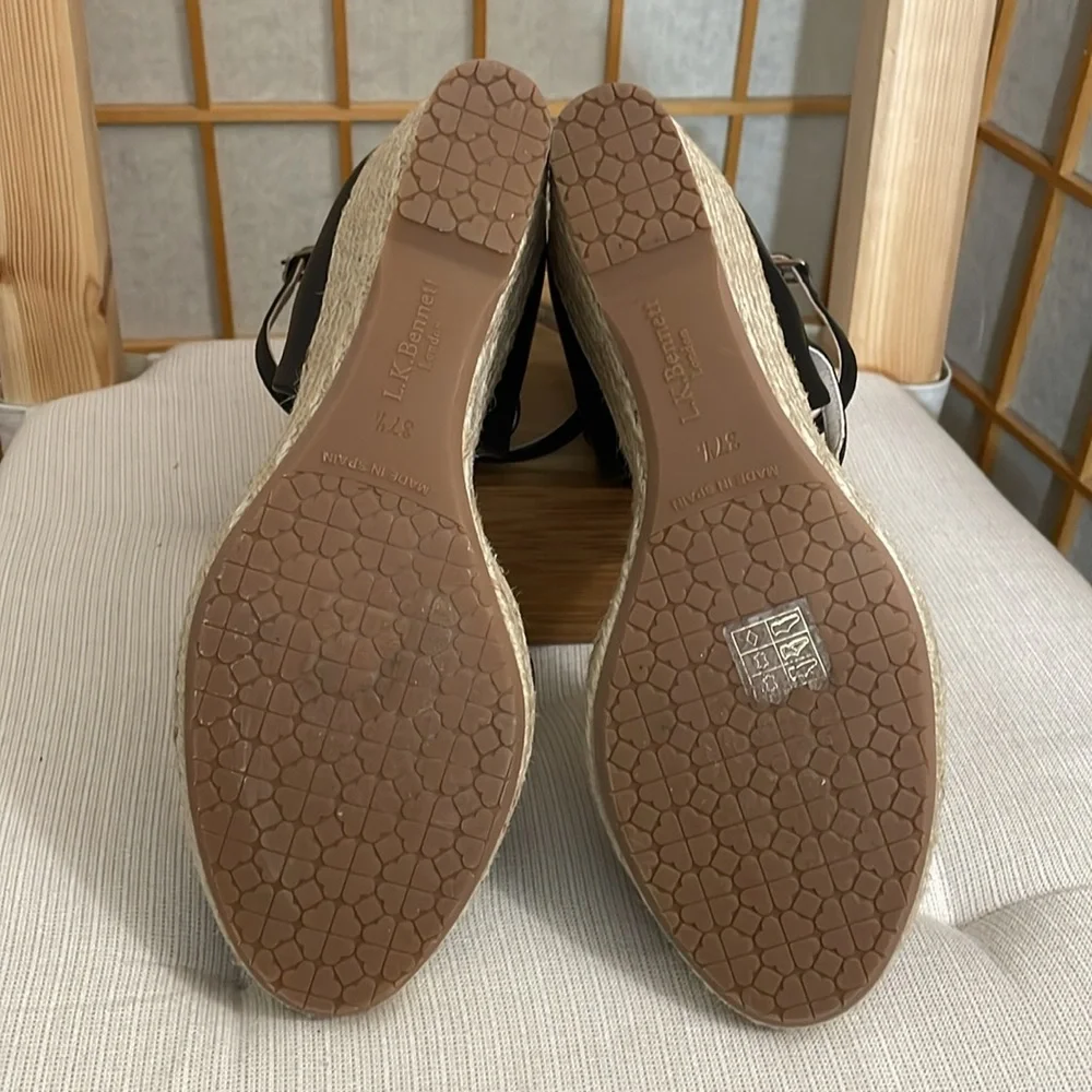 L.K. Bennett Black Leather Nellie Peep Toe Espadrille Wedge Heel EU 37.5 /US 7 - Picture 12 of 16